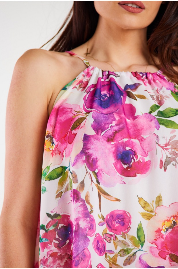 Trapezowa sukienka mini z na ramiączkach z szyfonu, wzór różowe kwiaty - góra