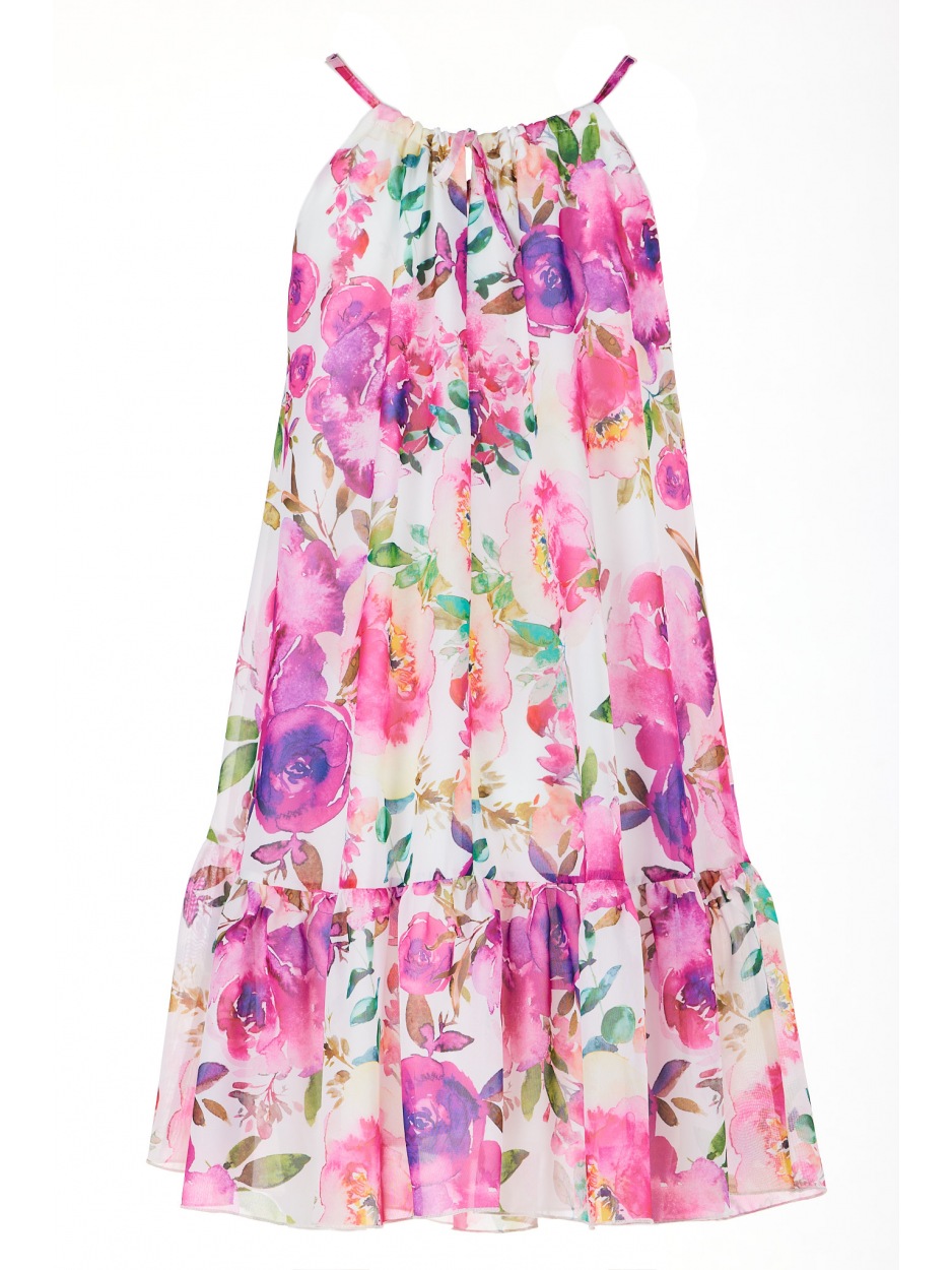 Trapezowa sukienka mini z na ramiączkach z szyfonu, wzór różowe kwiaty - dół