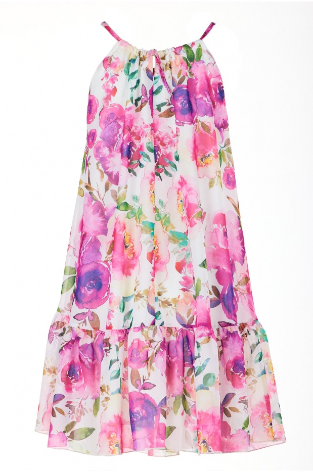 Trapezowa sukienka mini z na ramiączkach z szyfonu, wzór różowe kwiaty - dół