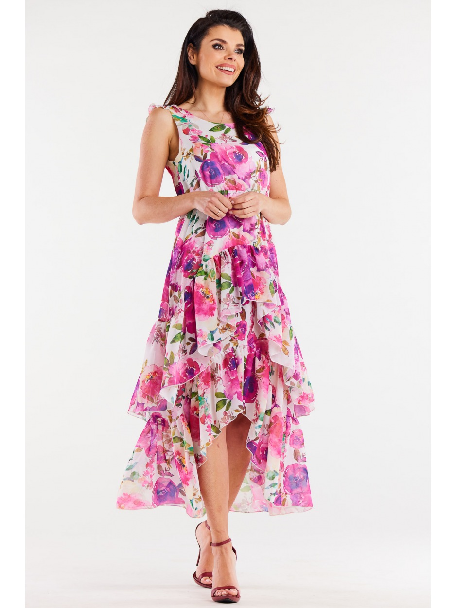 Asymetryczna sukienka midi z falbanami z szyfonu, różowe kwiaty - tył