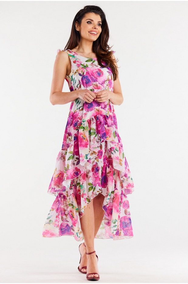 Asymetryczna sukienka midi z falbanami z szyfonu, różowe kwiaty - tył