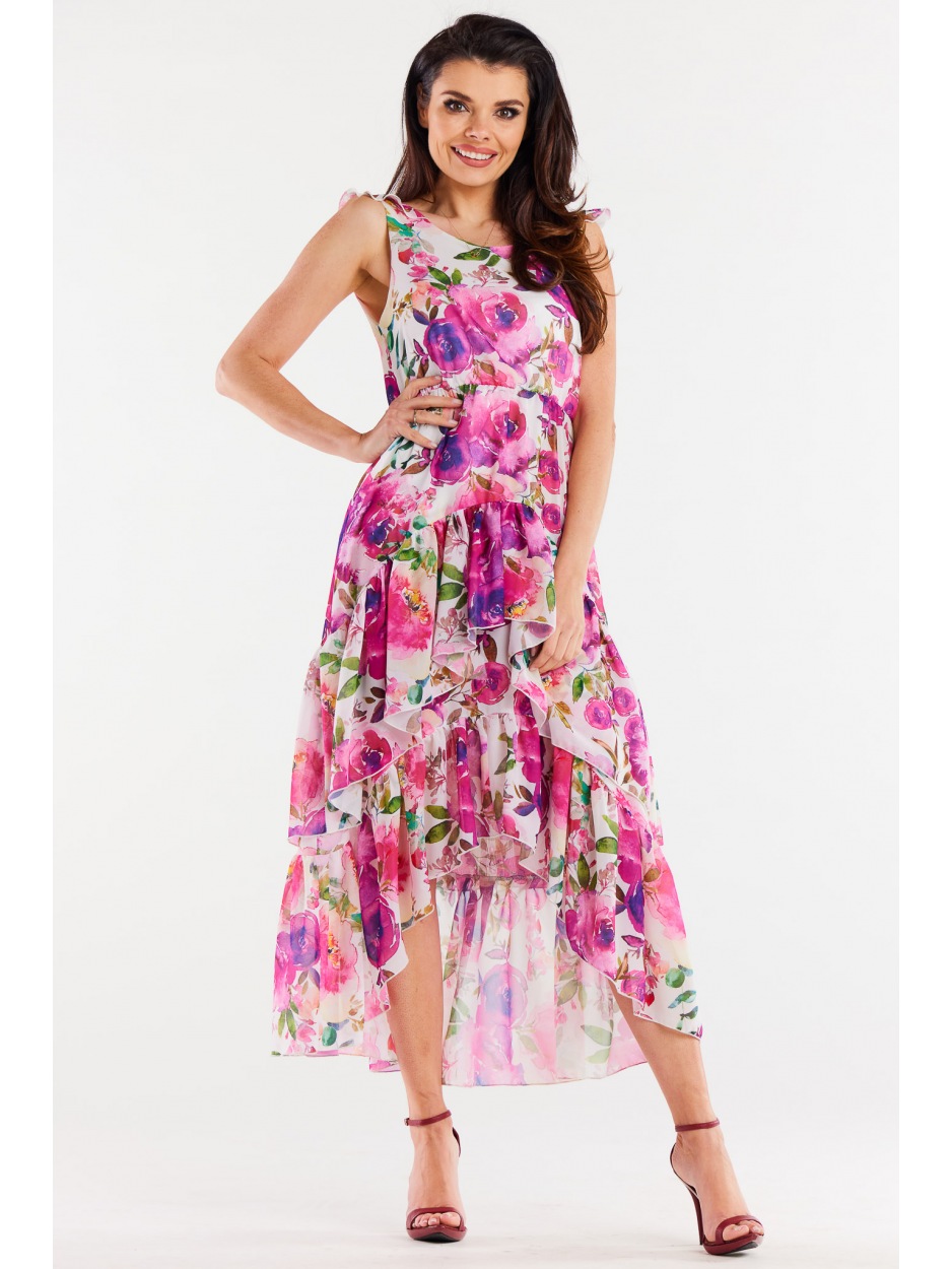 Asymetryczna sukienka midi z falbanami z szyfonu, różowe kwiaty - przód