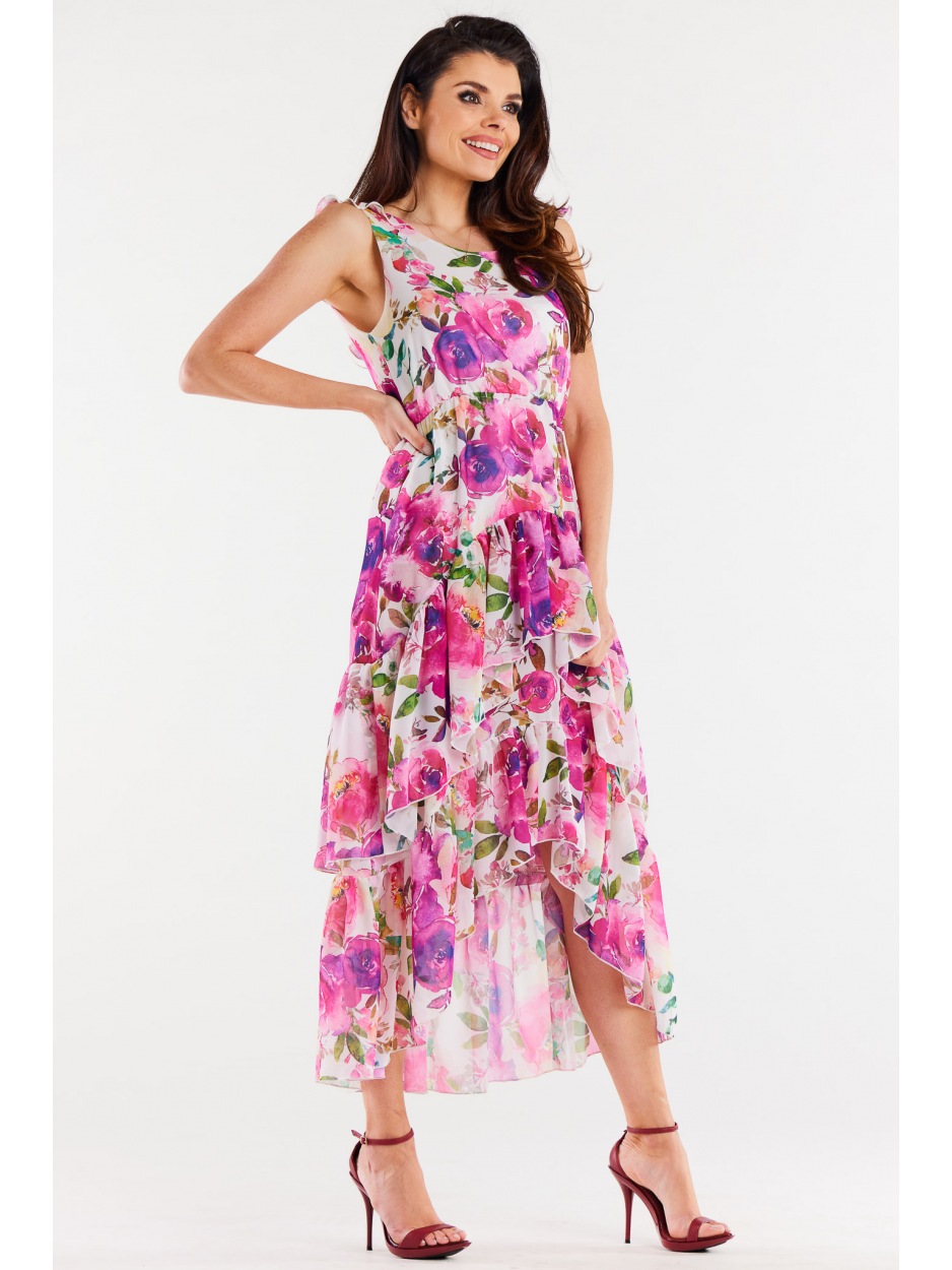 Asymetryczna sukienka midi z falbanami z szyfonu, różowe kwiaty - bok