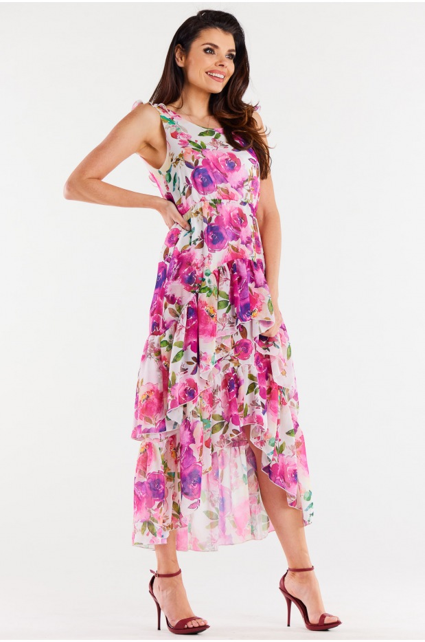 Asymetryczna sukienka midi z falbanami z szyfonu, różowe kwiaty - bok