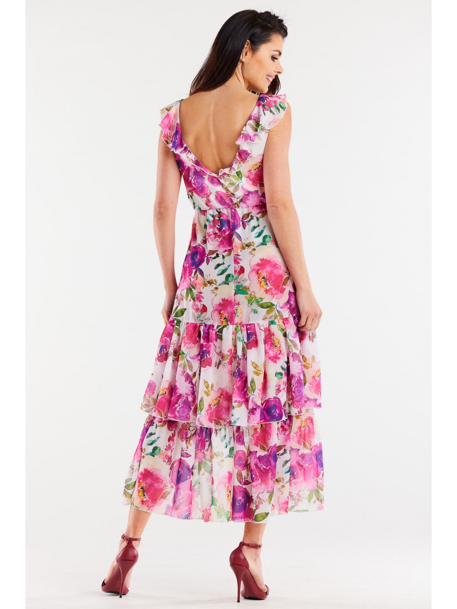 Asymetryczna sukienka midi z falbanami z szyfonu, różowe kwiaty - lewo