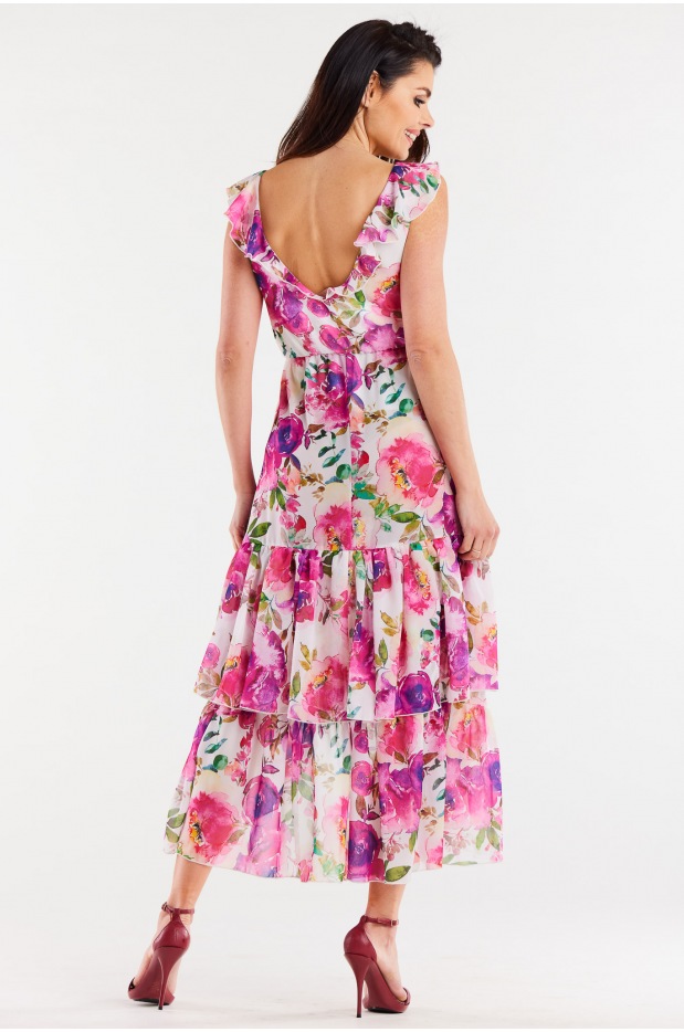 Asymetryczna sukienka midi z falbanami z szyfonu, różowe kwiaty - lewo