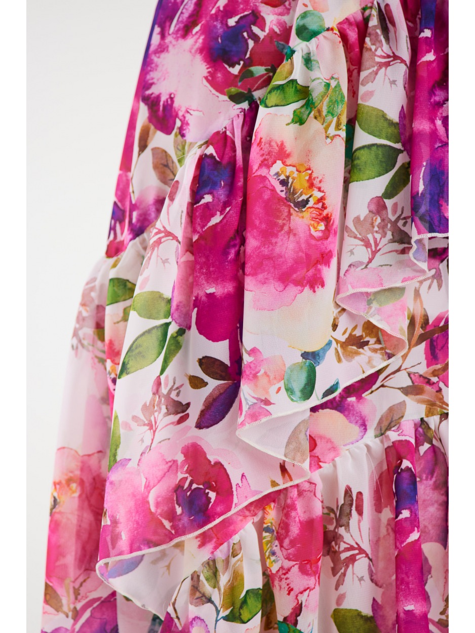 Asymetryczna sukienka midi z falbanami z szyfonu, różowe kwiaty - prawo