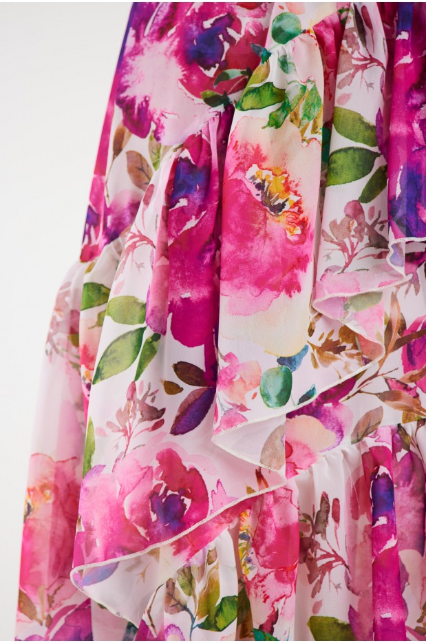 Asymetryczna sukienka midi z falbanami z szyfonu, różowe kwiaty - prawo