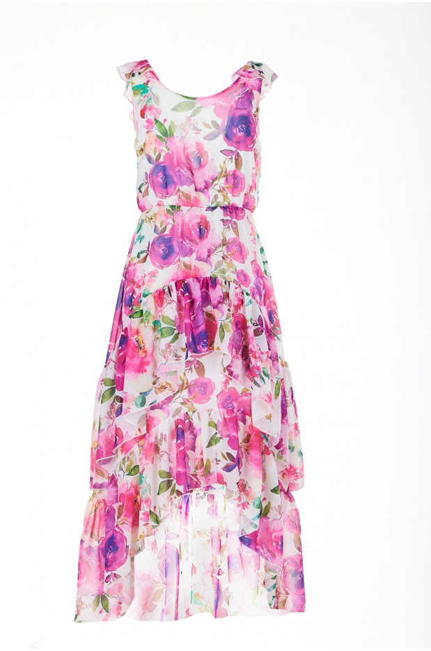 Asymetryczna sukienka midi z falbanami z szyfonu, różowe kwiaty - góra