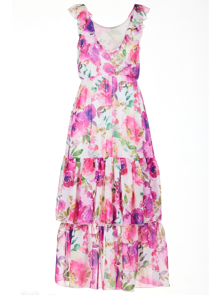 Asymetryczna sukienka midi z falbanami z szyfonu, różowe kwiaty - dół