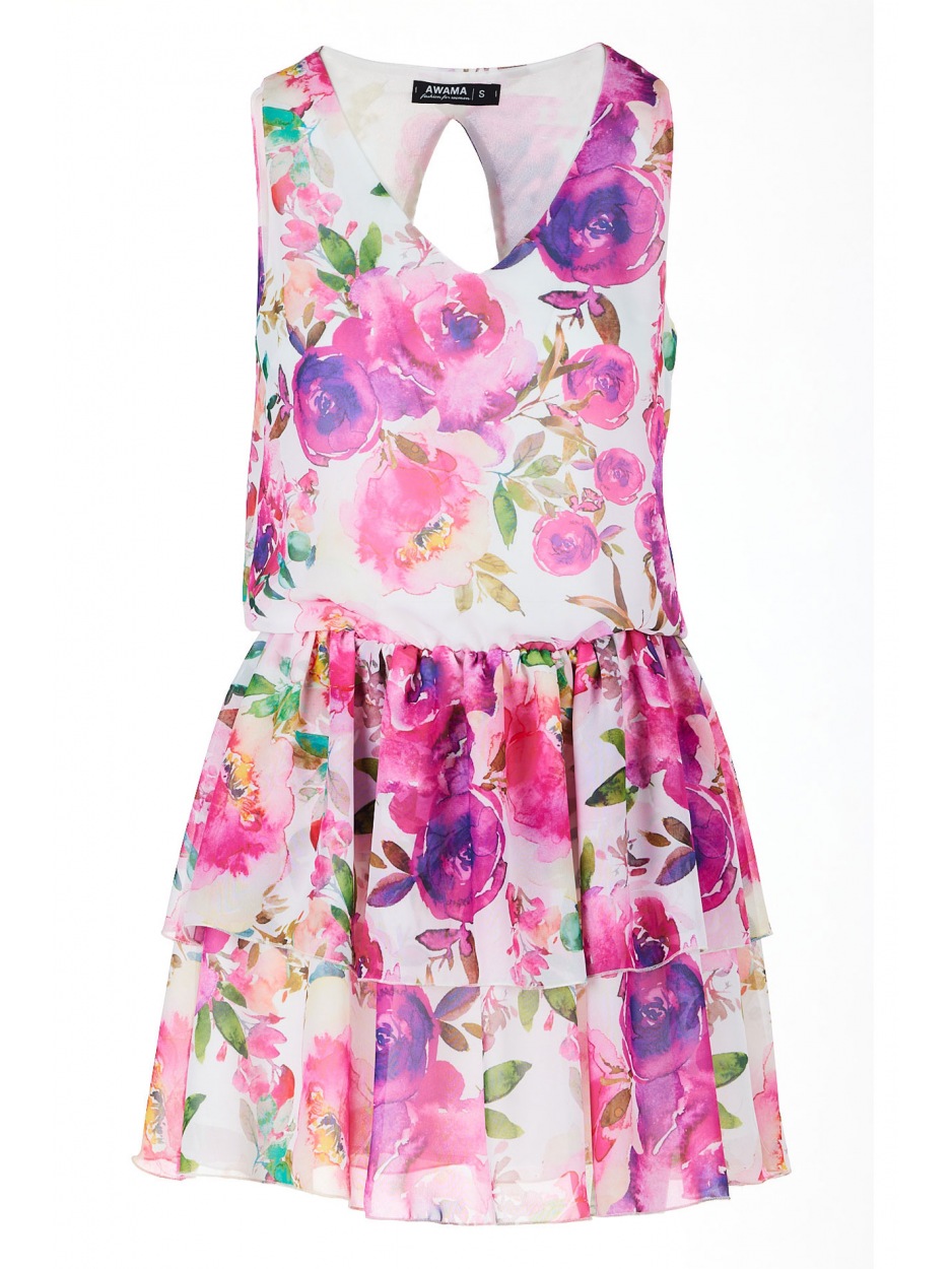 Rozkloszowana sukienka mini z szyfonu z falbanami, wzór różowe kwiaty - dół