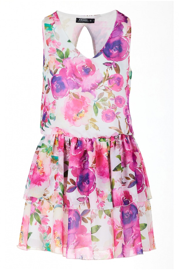 Rozkloszowana sukienka mini z szyfonu z falbanami, wzór różowe kwiaty - dół