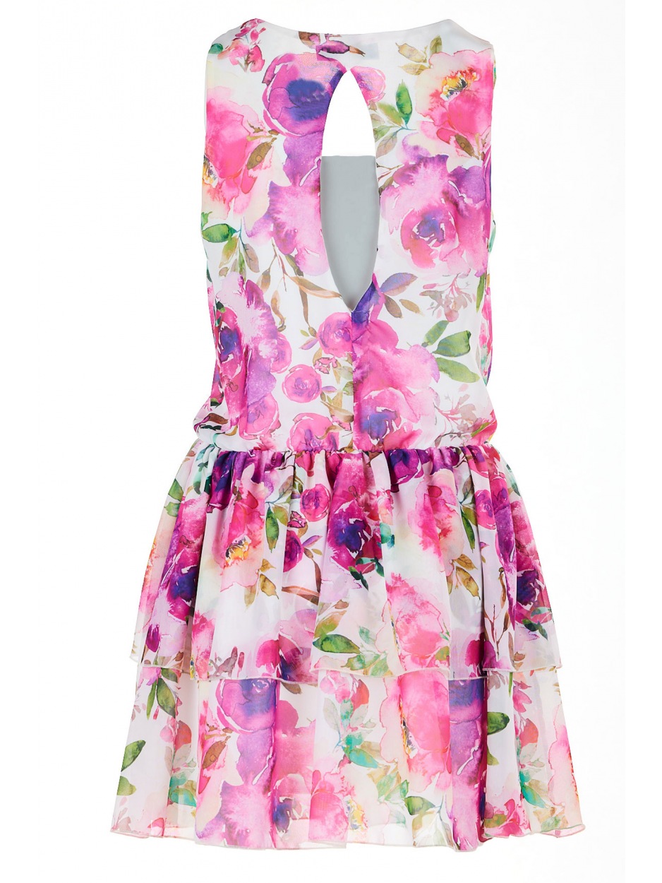 Rozkloszowana sukienka mini z szyfonu z falbanami, wzór różowe kwiaty - detal