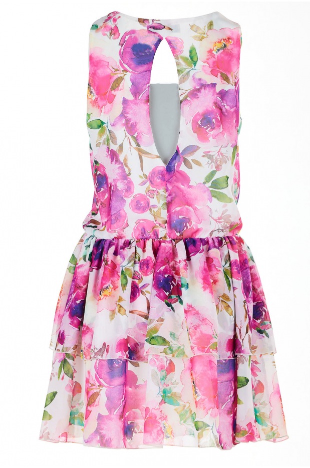 Rozkloszowana sukienka mini z szyfonu z falbanami, wzór różowe kwiaty - detal