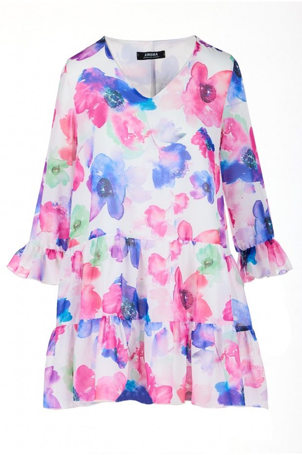 Luźna sukienka mini z dekoltem V i rękawami ¾ - różowo-granatowe kwiaty - góra