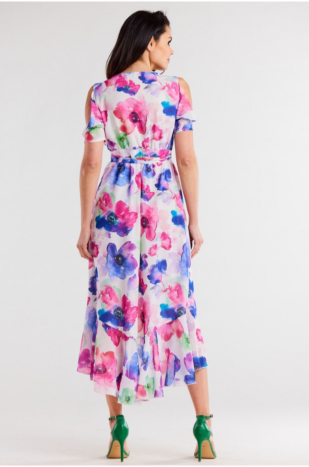 Asymetryczna sukienka midi z zakładanym dekoltem i krótkimi rękawami – różowo-granatowe akwarele - prawo