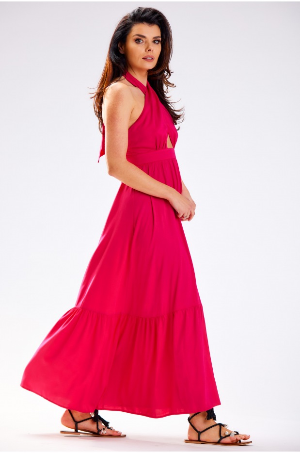 Letnia sukienka maxi z odkrytymi plecami z wiskozy, róż – fuksja - tył