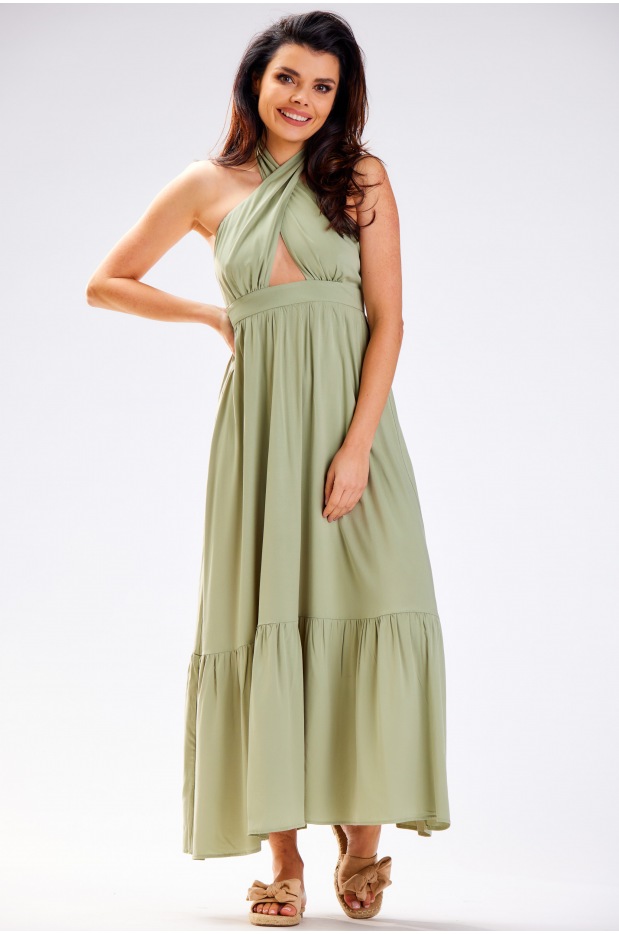Letnia sukienka maxi z odkrytymi plecami z wiskozy w kolorze zielonego groszku - tył