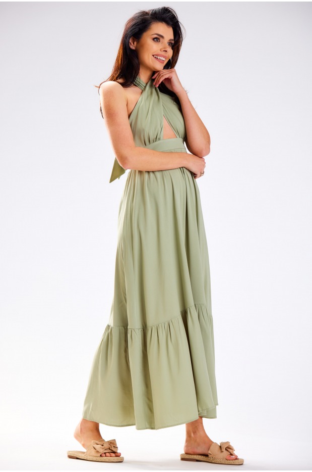 Letnia sukienka maxi z odkrytymi plecami z wiskozy w kolorze zielonego groszku - przód