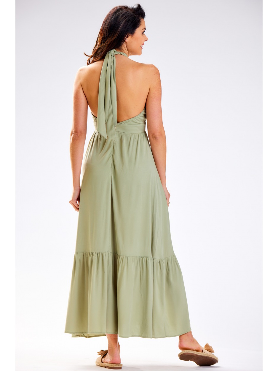 Letnia sukienka maxi z odkrytymi plecami z wiskozy w kolorze zielonego groszku - bok