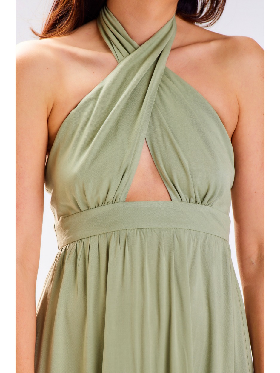 Letnia sukienka maxi z odkrytymi plecami z wiskozy w kolorze zielonego groszku - lewo