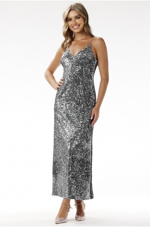 Welurowa sukienka maxi z cekinami A697 - Kolor/wzór: Szary
