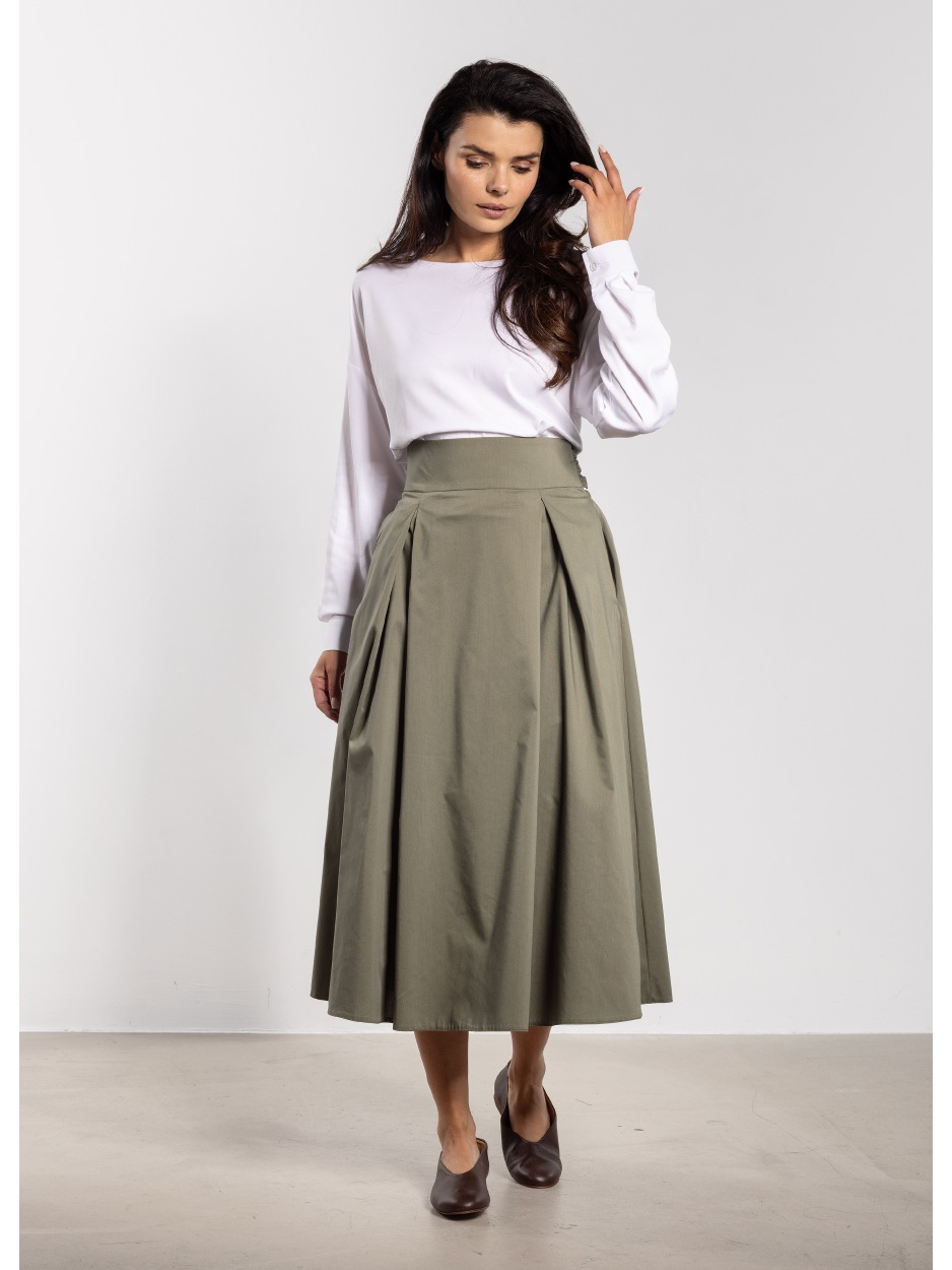 Rozkloszowana spódnica midi szałwiona z wysokim stanem - tył