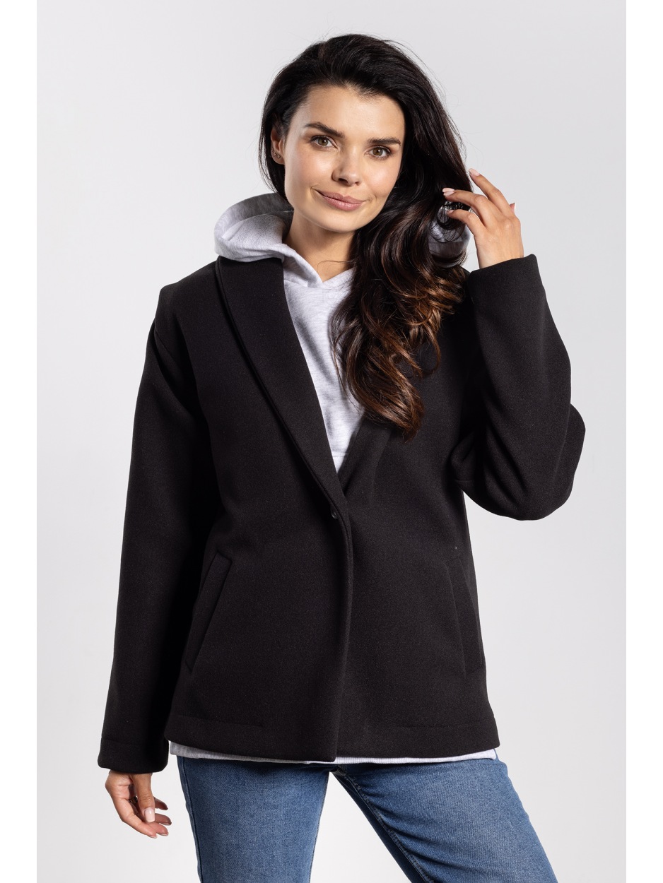 Elegancka kurtka damska butelkowa zieleń z flauszu na jesień i zimę - prawo