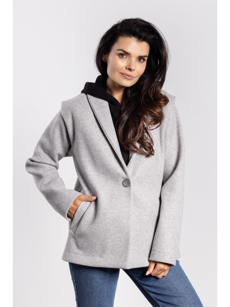 Elegancka szara kurtka damska z flauszu na jesień i zimę - tył