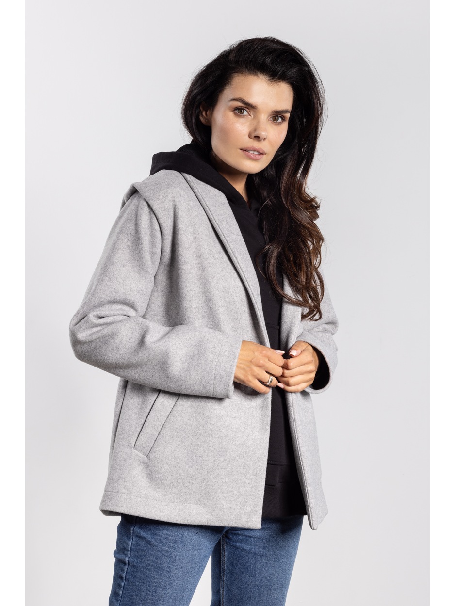 Elegancka szara kurtka damska z flauszu na jesień i zimę - przód