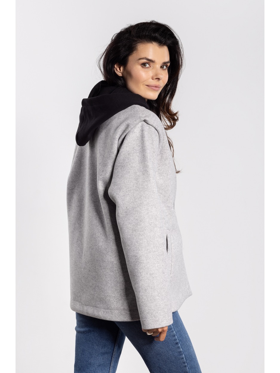 Elegancka szara kurtka damska z flauszu na jesień i zimę - bok