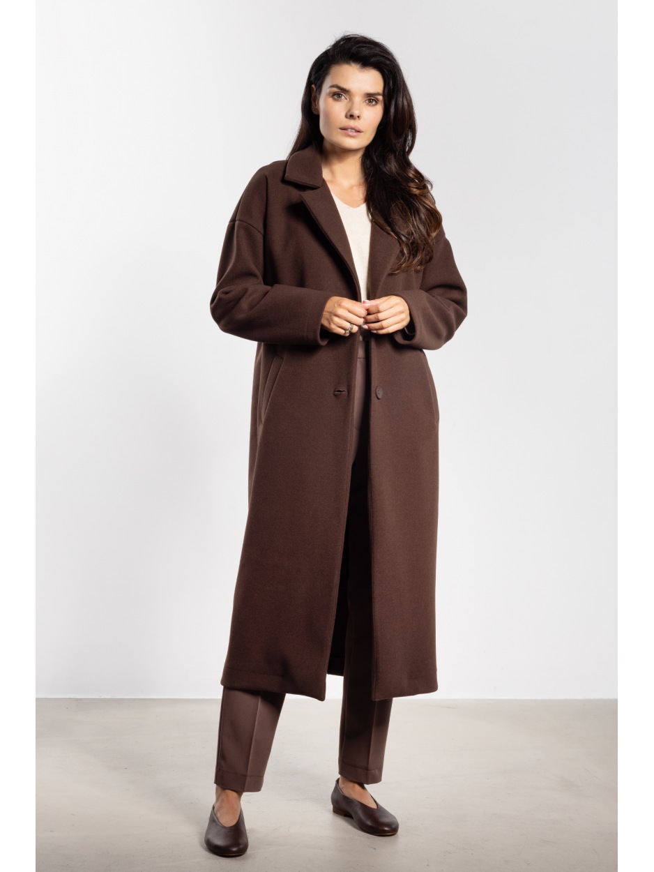 Elegancki płaszcz damski czekoladowy z flauszu na jesień i zimę - tył