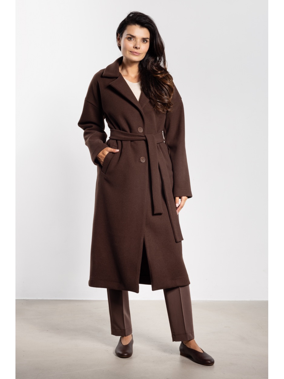 Elegancki płaszcz damski czekoladowy z flauszu na jesień i zimę - przód