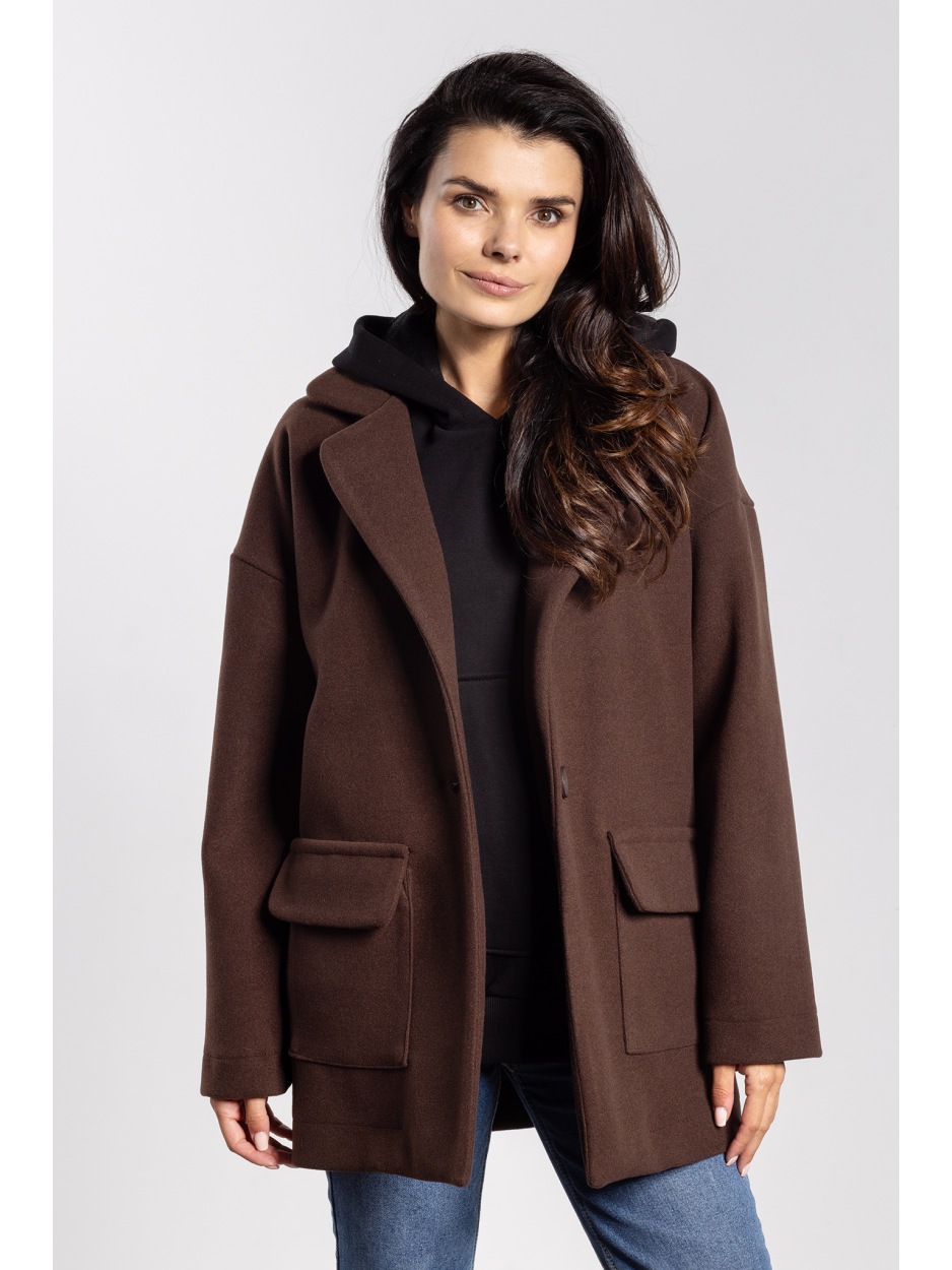 Czekoladowa kurtka damska oversize z flauszu na jesień i zimę - tył