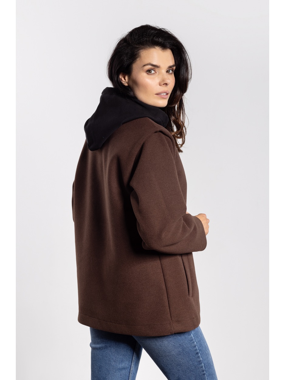 Elegancka czekoladowa kurtka damska z flauszu na jesień i zimę - lewo